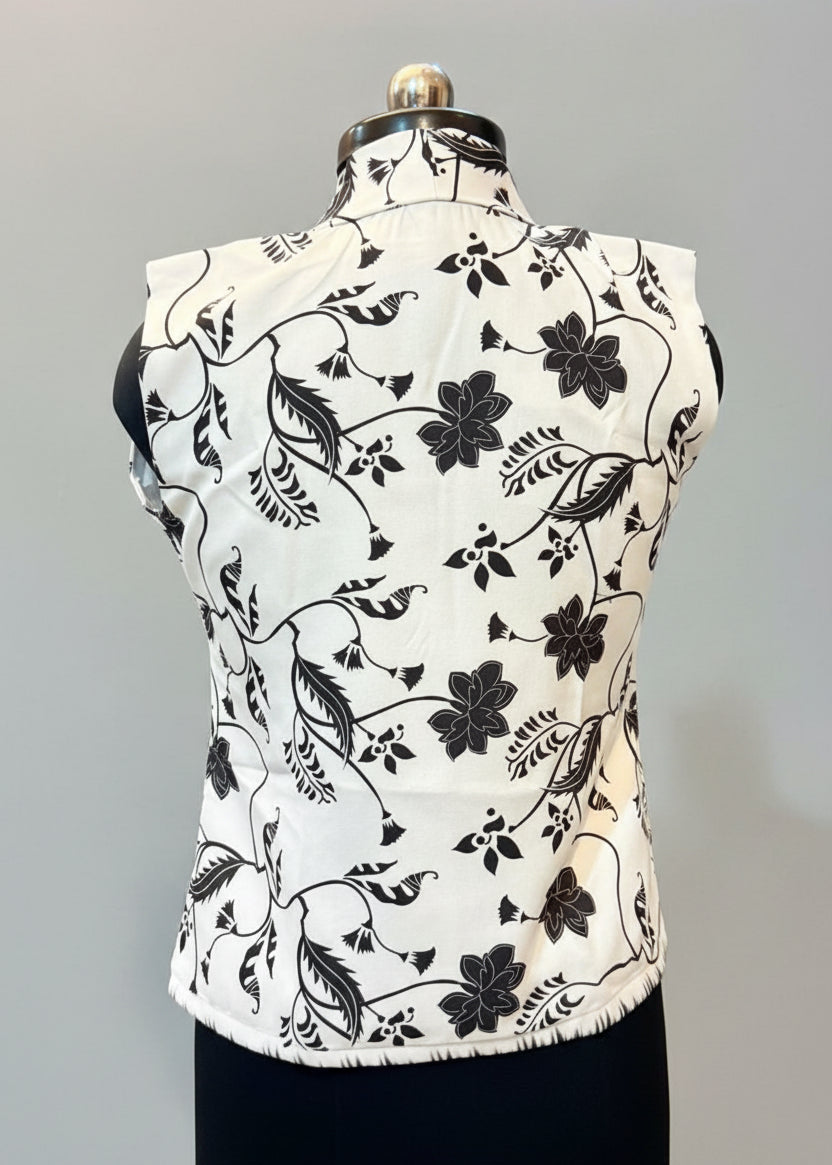 Black and White Floral Sleeveless Waistcoat for Women