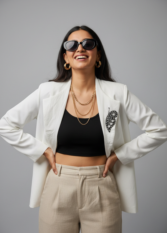 White Handwork Embroidered Velvet Blazer for Women