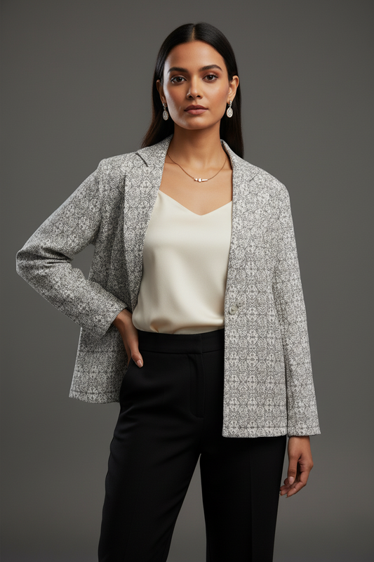 Geometric Floral Embroidery Work Grey Women's Jacket
