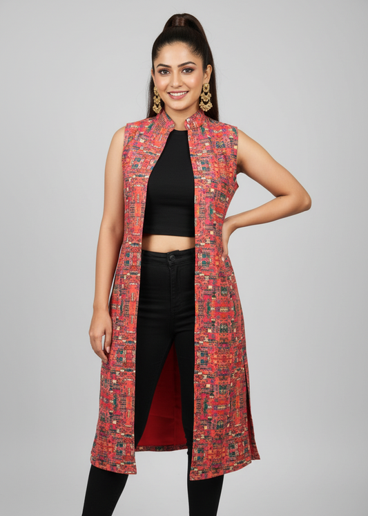 Ethnic Abstract Sleeveless Long Jacket For Women