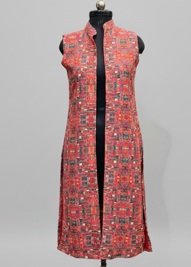 Ethnic Abstract Sleeveless Long Jacket For Women